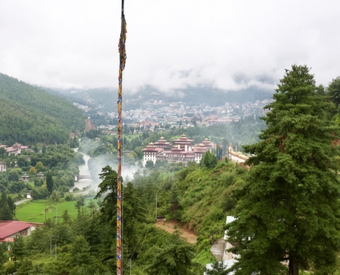 Monsoon view of Tashichhodzong and Thimphu valley from Dechenphodrang