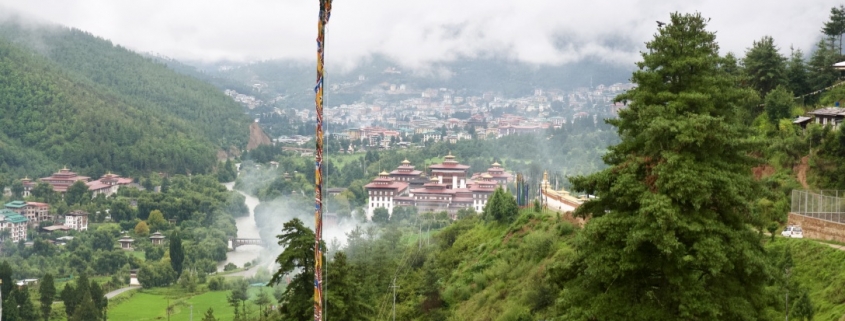 Monsoon view of Tashichhodzong and Thimphu valley from Dechenphodrang